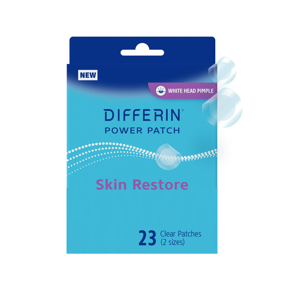 Differin front packaging showing 23 hydrocolloid patches and branding benefit