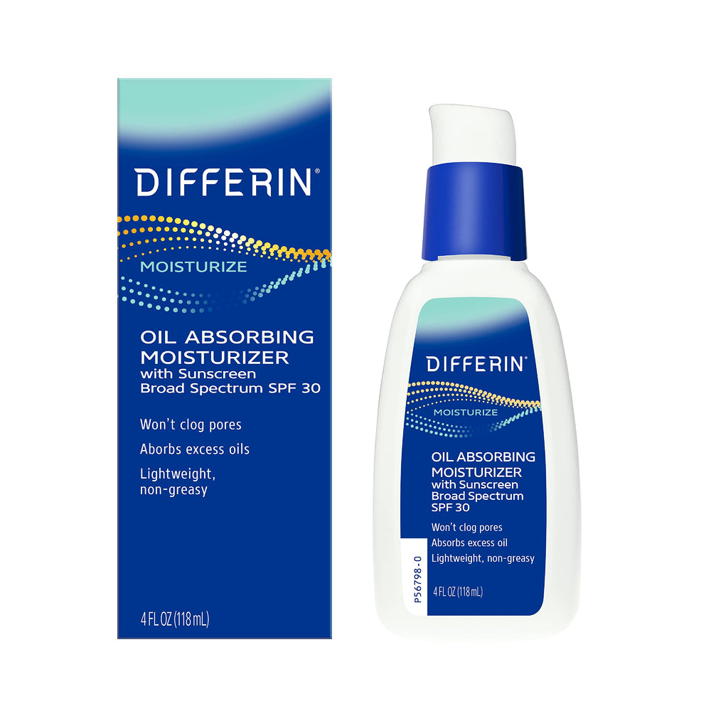 Differin Oil Absorbing Moisturizer SPF 30 bottle shows oil-free protection.