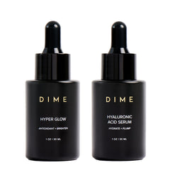 DIME Hyaluronic Acid Serum bottle shows hydration power for a supple glow.