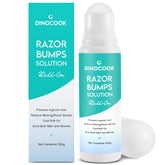 Dinocook Razor Bumps Serum bottle closeup showing soothing formula for smoother skin.