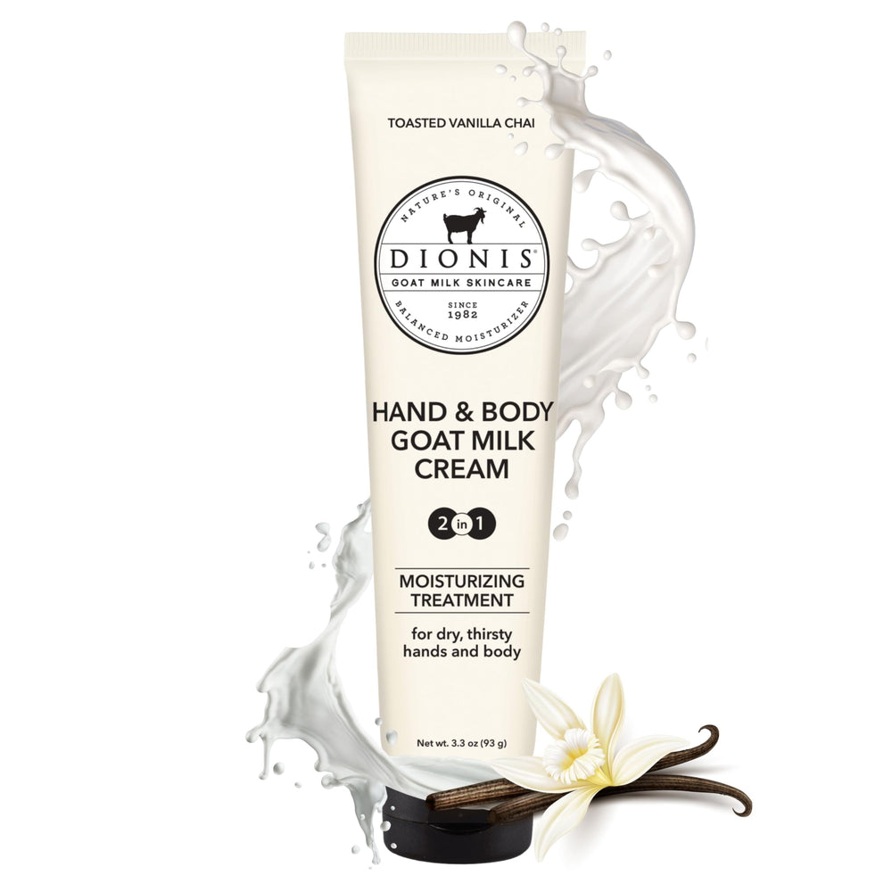 Dionis Goat Milk Hand and Body Cream in Vanilla Chai delivers daily moisture.