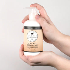 Dionis Goat Milk Lotion application scene highlights smooth, nourished skin.
