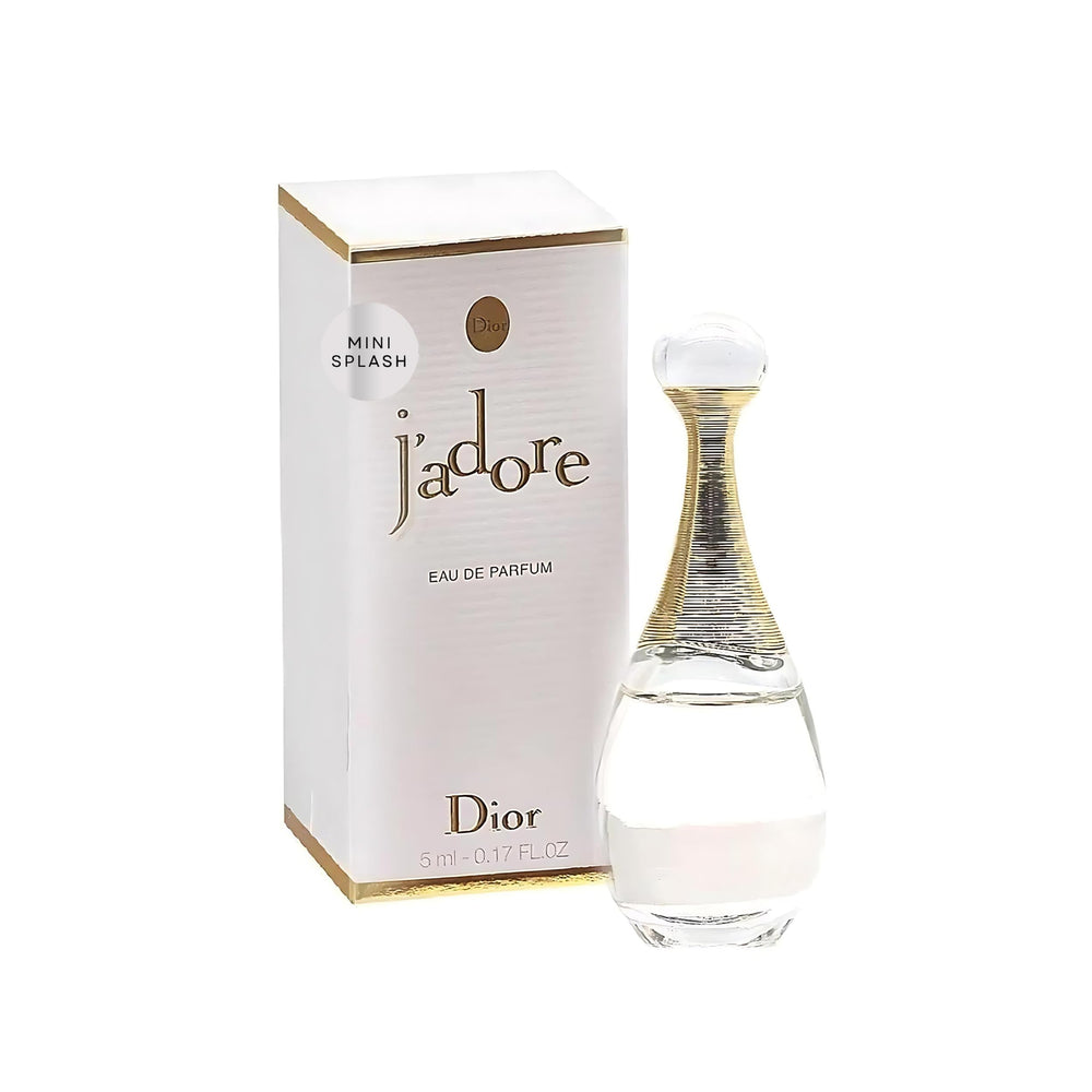 Dior J'adore mini splash top notes bottle highlights bright citrus opening for daylong freshness.