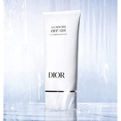 Dior La Mousse Off/On cleanser bottle on sink supports clean pores and hydrated skin.