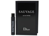 Dior Sauvage sample vial close-up showing portable spray for travel and testing.
