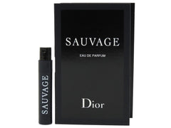 Dior Sauvage sample vial close-up showing portable spray for travel and testing.