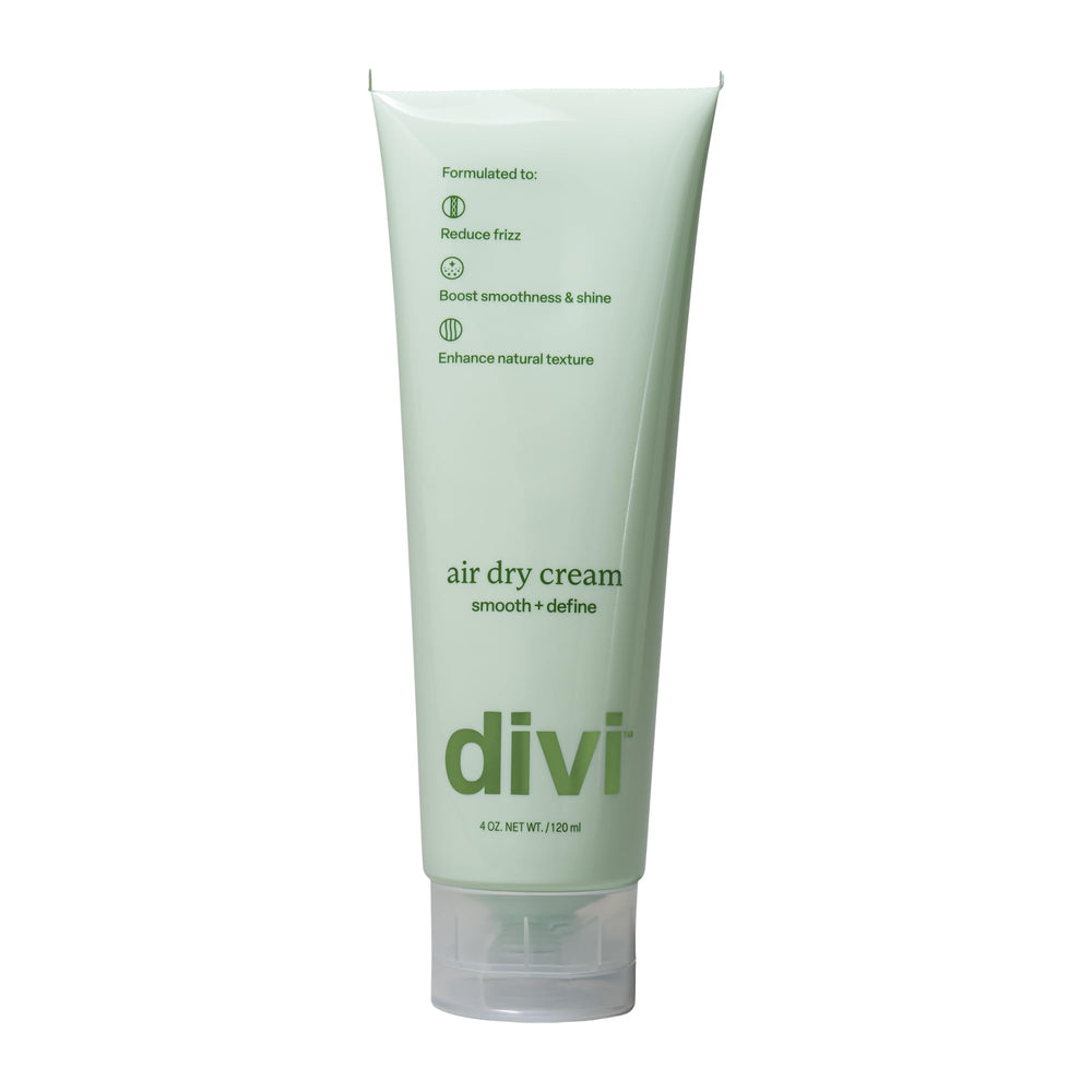 Divi Air Dry Styling Cream bottle close-up showing the lightweight formula for frizz control.