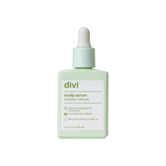Divi Scalp Serum bottle close-up highlights nourishing formula for healthier scalp and fuller-looking hair