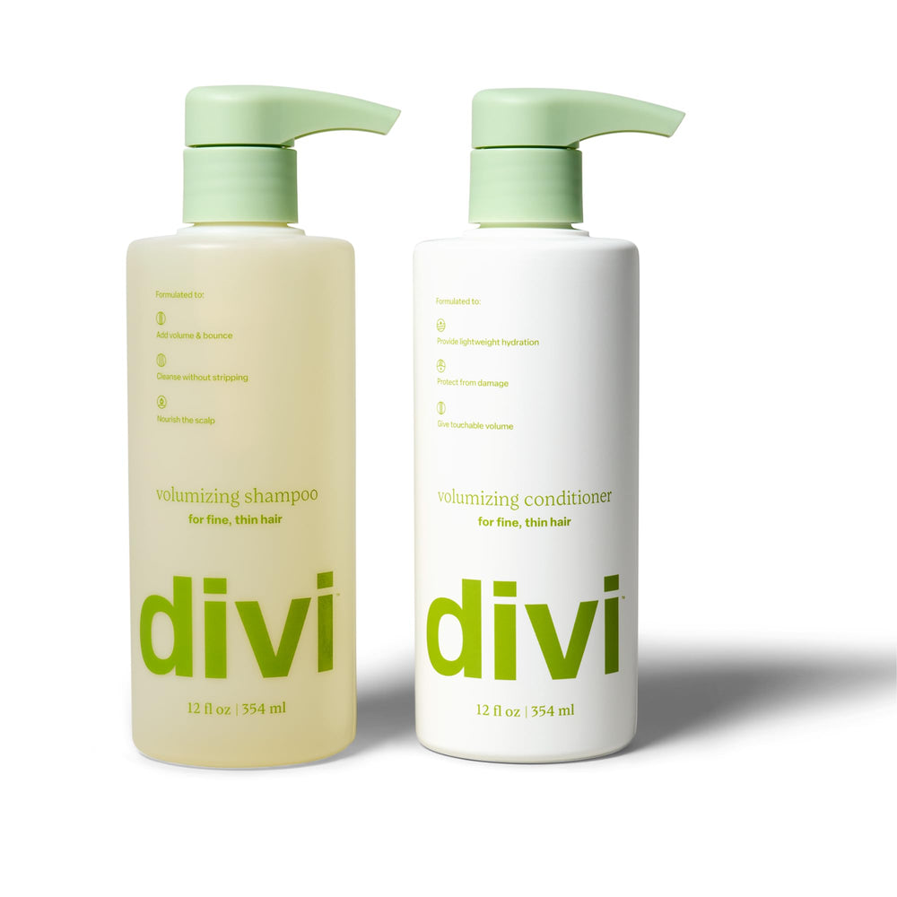 Divi volumizing shampoo bottle pour shows lift-ready formula for fuller hair