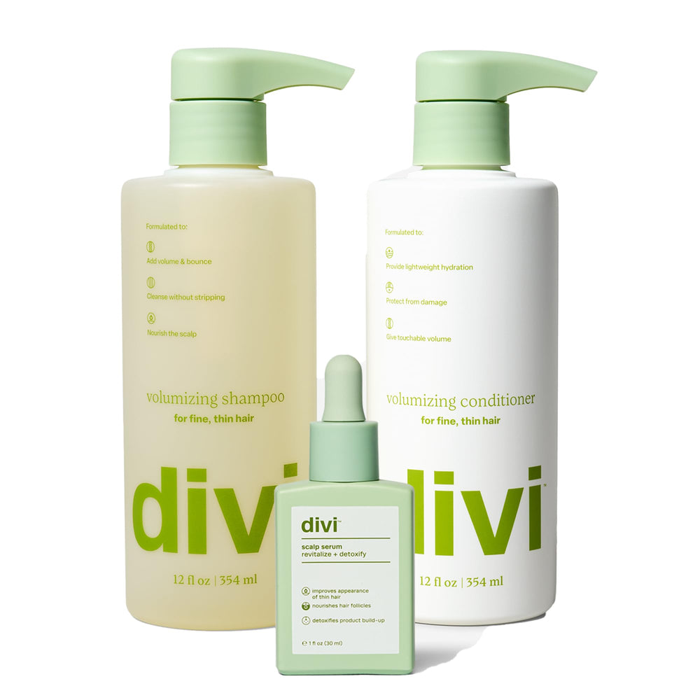 Divi volumizing shampoo bottle adds lift for fuller-looking hair.