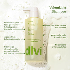 Divi volumizing shampoo rich lather shot showing clean scalp and lift