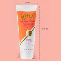 Unscented label on DML Daily Facial Moisturizer SPF 25 emphasizes fragrance-free formula.