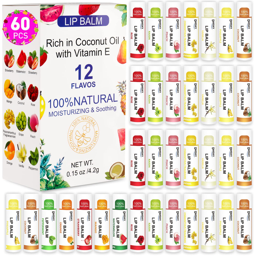 DMSKY lip balm bulk collection image showing 12 flavors for gifting and daily care.