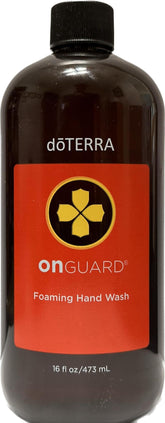 doTERRA On Guard foaming hand wash refill bottle close-up showing citrus-aroma protection for daily hand hygiene
