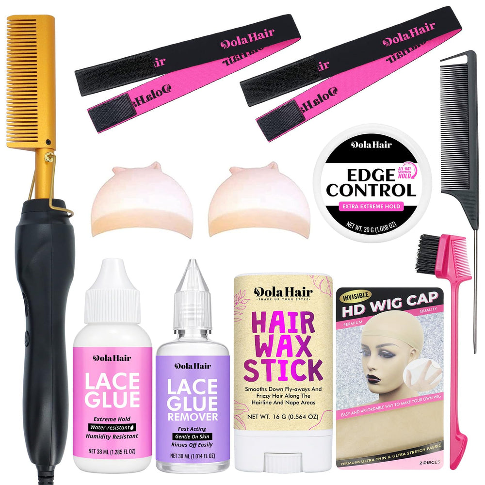 Dolahair electric hot comb in use smoothing wig edges