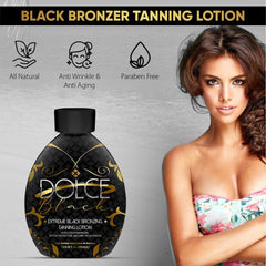 Dolce Black bronzer lotion showcases anti-orange formula for natural, streak-free tanning.