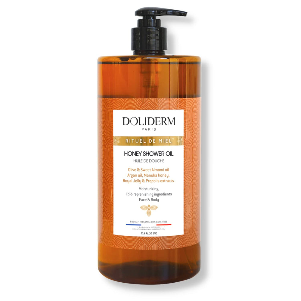 Doliderm Paris Rituel de Miel honey shower oil bottle showing rich hydration potential