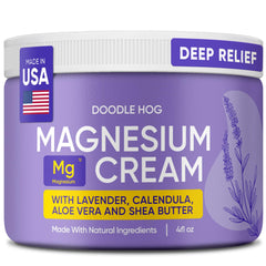DOODLE HOG Lavender Magnesium Cream bottle showing calming lavender scent for nighttime relaxation.