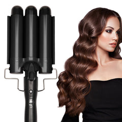 Dopheuor 3-barrel curling iron front view highlighting ergonomic grip for comfortable styling.