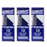 Dorco Fresh Twin Blade Razors Pack Front enables quick daily shaves with a bulk supply.