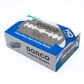 Dorco ST300 blade close-up shows a sharp, corrosion-resistant edge for smooth shaves.