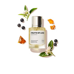 Dossier Fruits of Love bottle front shows glass and cap with promising long-lasting wear.