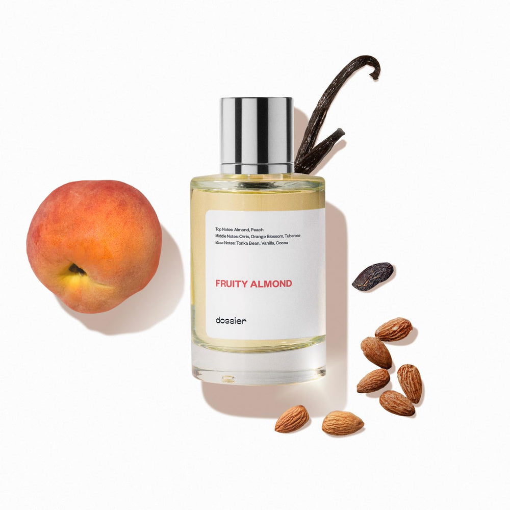Dossier Fruity Almond bottle—sleek design ideal for daily wear.