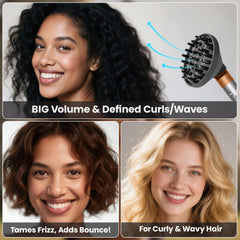 Dotspun diffuser large surface area speeds drying on thick or curly hair.