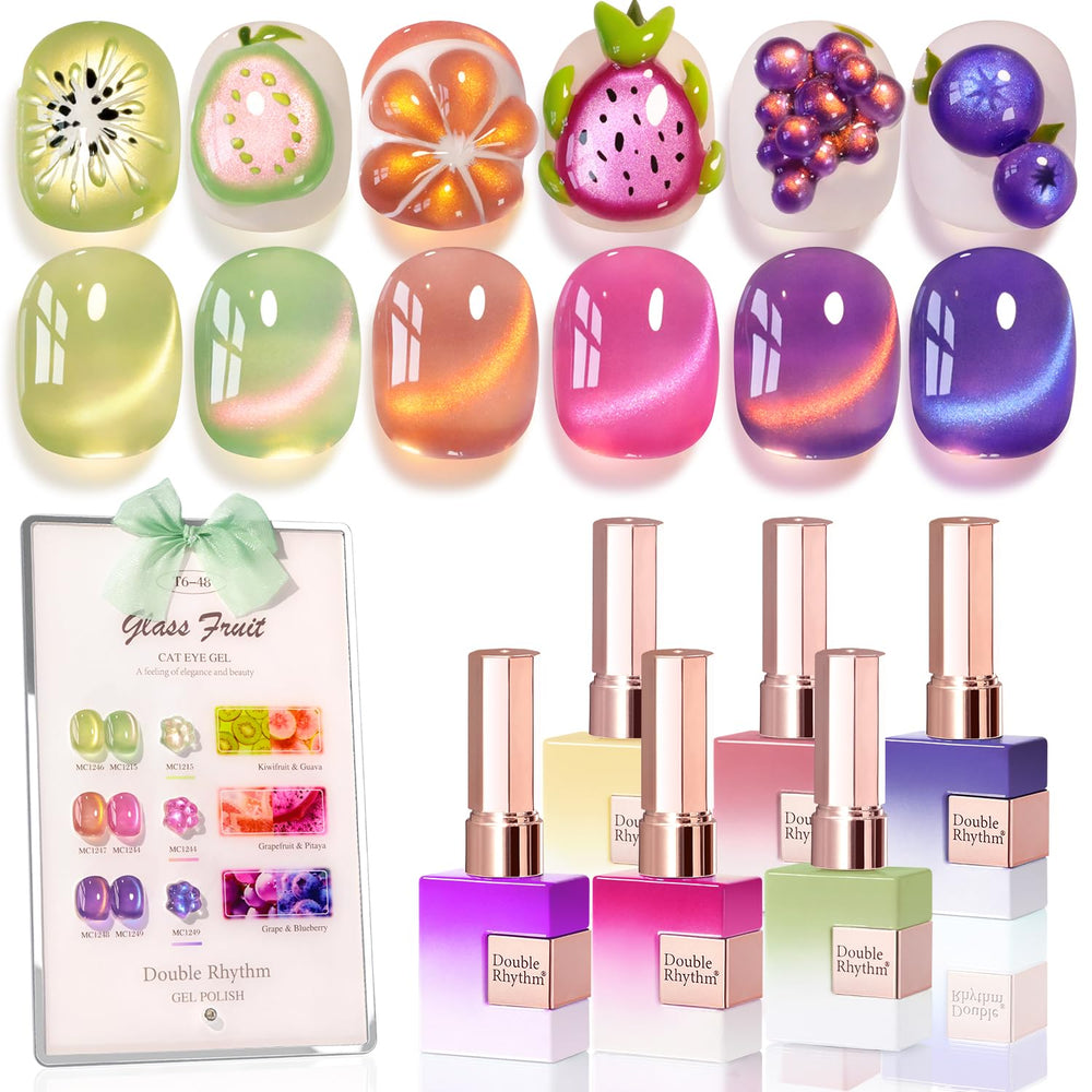 Double Rhythm fruit cat eye polish in glass rose pink with shimmering finish for at-home manicures.