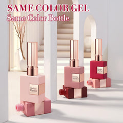 Double Rhythm pink gel polish on nail swatch for soft everyday wear.