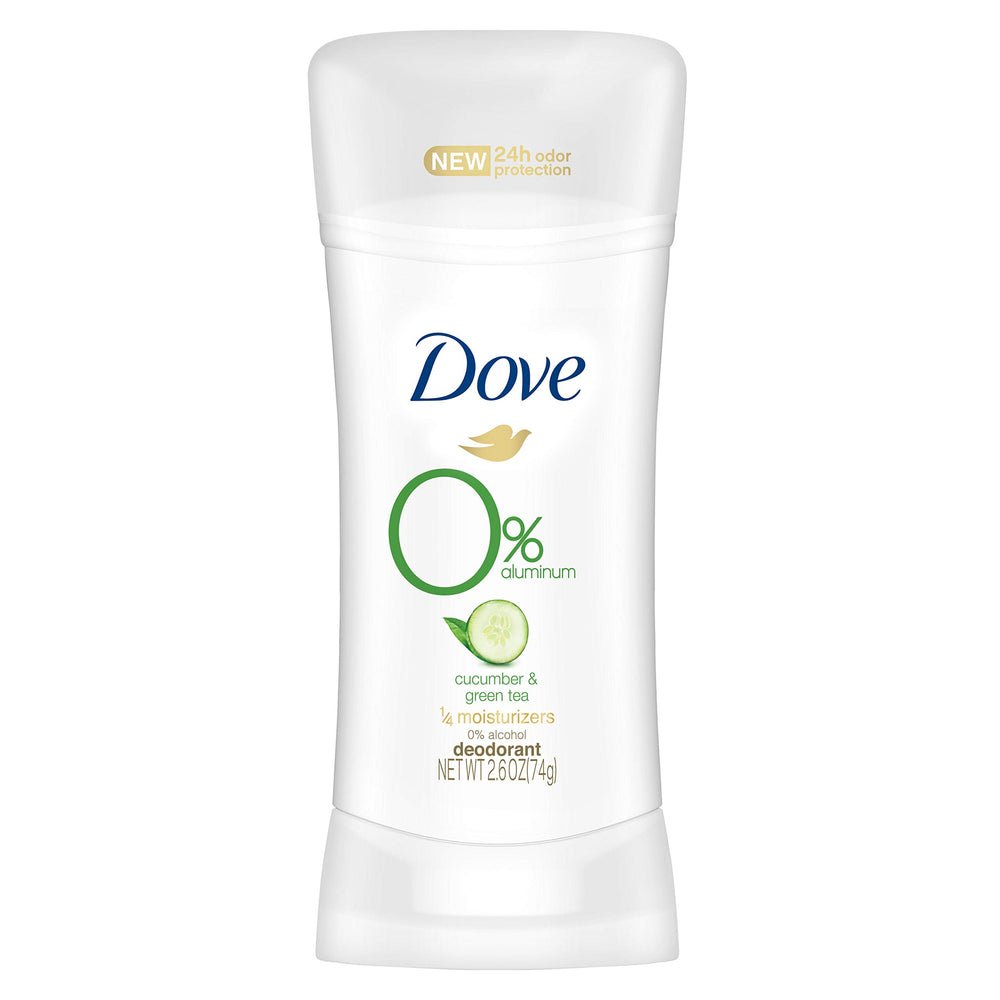 Dove 0% aluminum deodorant cucumber bottle shows aluminum-free protection for all-day freshness.