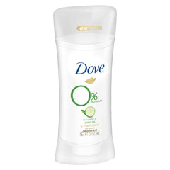 Dove 0% aluminum deodorant front view emphasizes aluminum-free formula and gentle care.