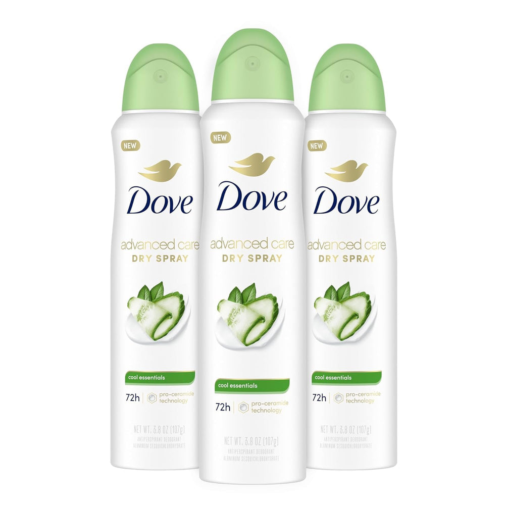 Dove Advanced Care Cool Essentials dry spray product shot highlighting all-day comfort.