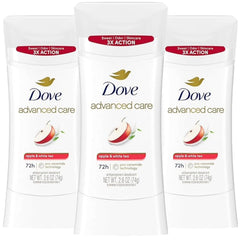 Dove Advanced Care Apple & White Tea deodorant stick application delivering lasting freshness
