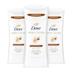 Dove Advanced Care vanilla cocoa butter deodorant stick 3-pack—long-lasting protection.