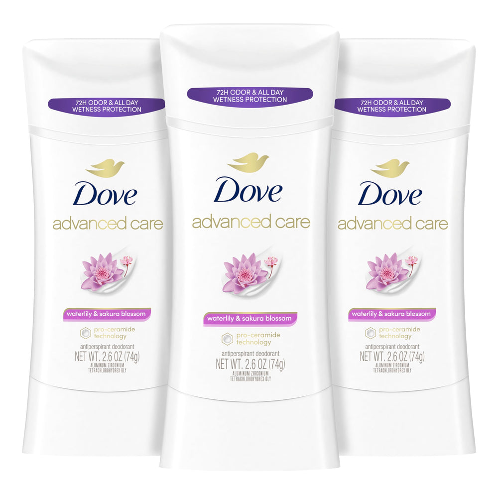 Dove Advanced Care Waterlily & Sakura Blossom stick packaging showing 3ct box for everyday care
