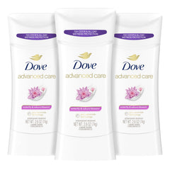 Dove Advanced Care Waterlily & Sakura Blossom stick packaging showing 3ct box for everyday care