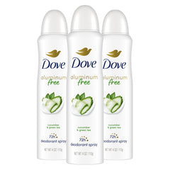 Dove aluminum-free deodorant spray packaging with cucumber-green-tea for long-lasting freshness.