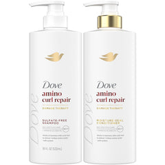 Dove Amino Curl Repair shampoo bottle showing defining lather for curly hair