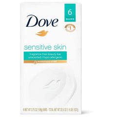Dove bath bar unscented packaging front, gentle cleanse for sensitive skin.