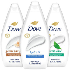 Dove Hydrate body wash bottle pour offers a moisturizing lather for daily care.