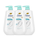 Dove Sensitive Skin Body Wash bottle dispenses micromoisture droplets for 24-hour hydration.