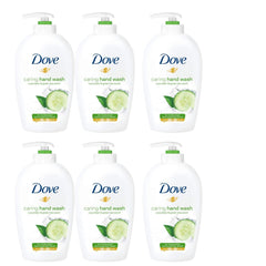 Dove Caring Hand Wash bottle with cucumber and green tea for refreshed, soft hands.