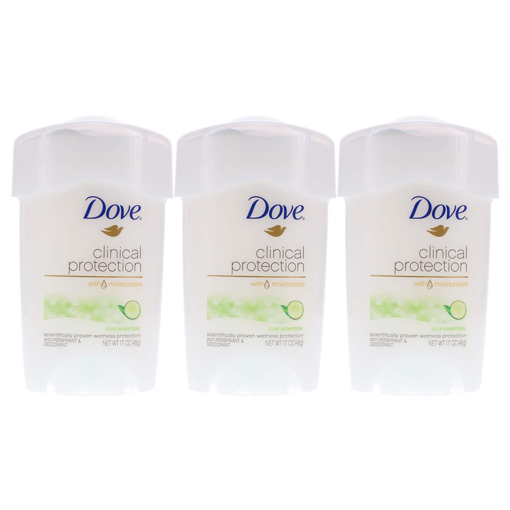 Dove Clinical Protection Cool Essentials deodorant stick pack provides three sticks for daily protection.