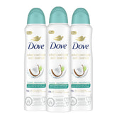 Dove Coconut Water & Lime dry spray bottle highlights fragrance and texture for all-day feel.