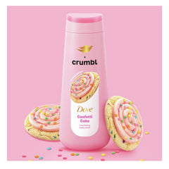 Dove Crumbl Confetti Cake scrub jar close-up shows texture and gentle exfoliation.