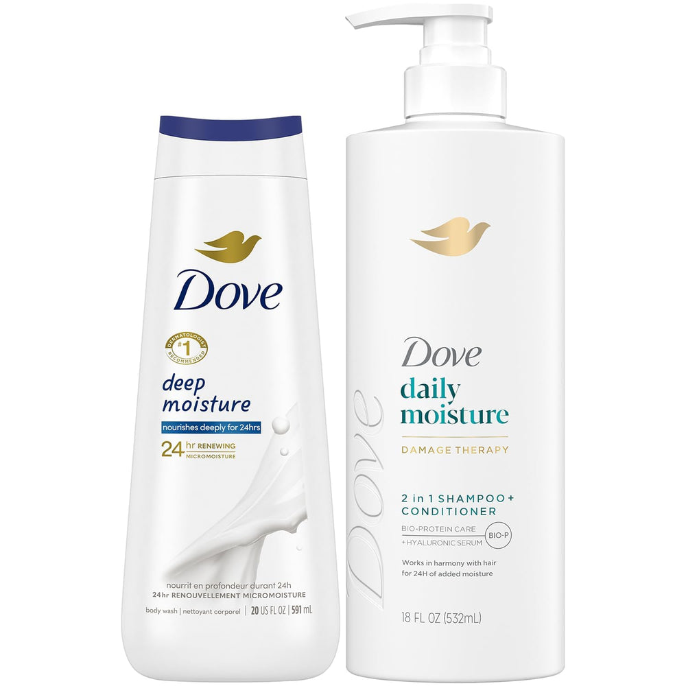 Dove daily moisture 2-in-1 shampoo bottle boosts daily hair hydration.