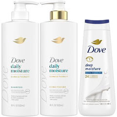 Dove Daily Moisture Shampoo bottle showing daily hydration for hair care