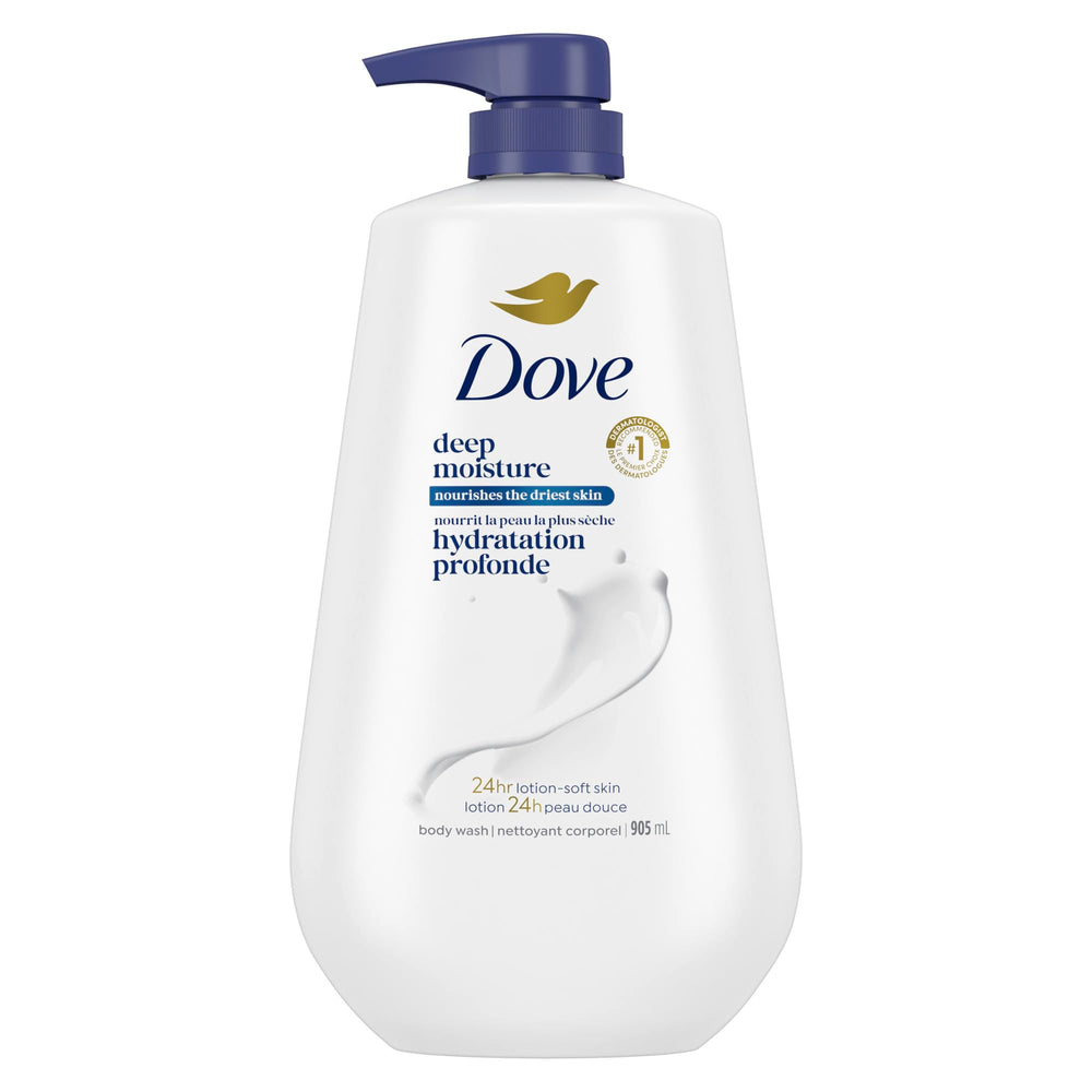 Dove Deep Moisture Body Wash pump bottle delivers gentle cleansing for soft skin.