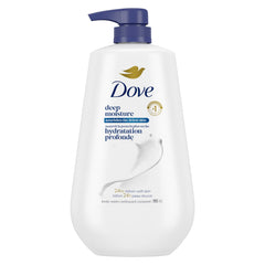 Dove Deep Moisture Body Wash pump bottle delivers gentle cleansing for soft skin.